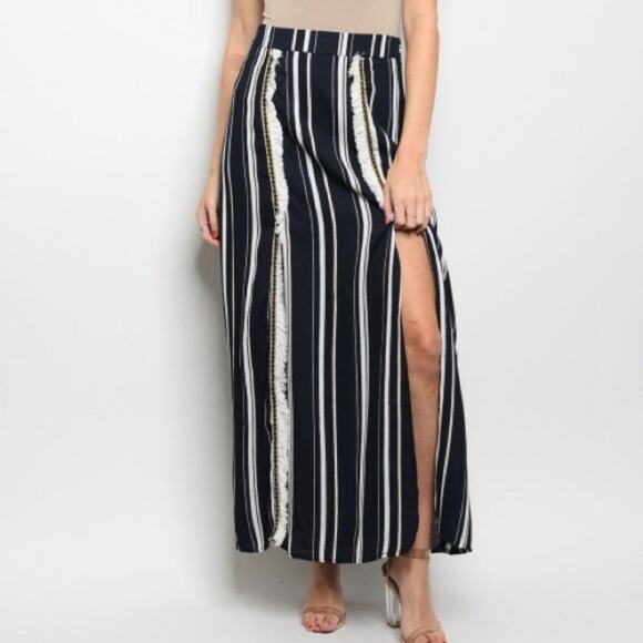 Polagram Navy Blue & White Stripe Split Maxi Skirt Women's Size Large - Picture 2 of 10